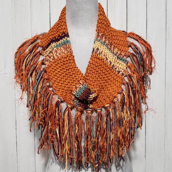 NEW Hand Knitted Rust Orange Infinity Boho Cowl Scarf Fringe Artsy Indie Hippie - Picture 3 of 6